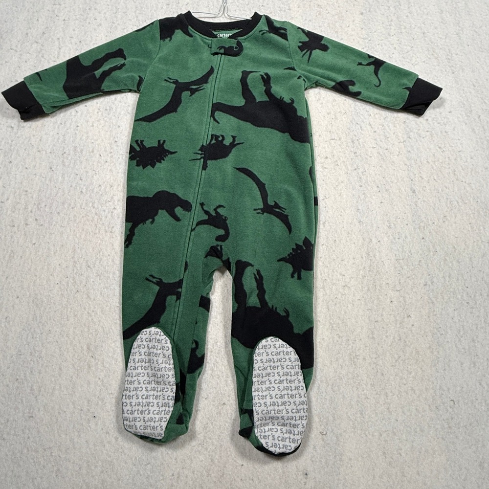 Carters Baby Boys Green Black Dinosaur Fleece Footed Sleeper Pajamas 12M